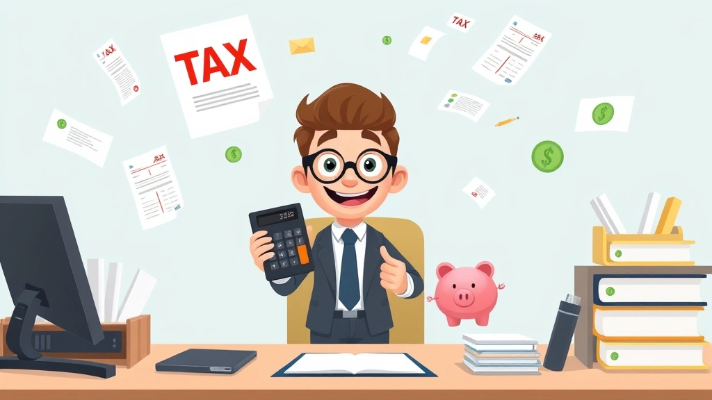 Cartoon character holding calculator and piggy bank, surrounded by floating tax documents and money symbols, organized desk with filing system, confident professional appearance, clean minimalist design