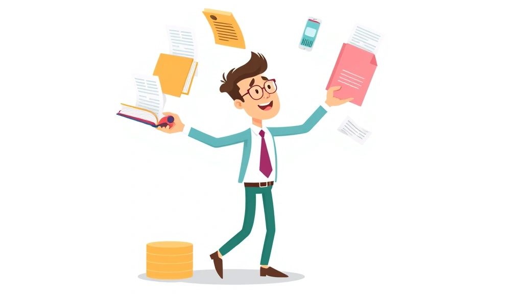 Cartoon character juggling multiple project files and client contracts while balancing a piggy bank, representing income diversification and financial management for independent contractors