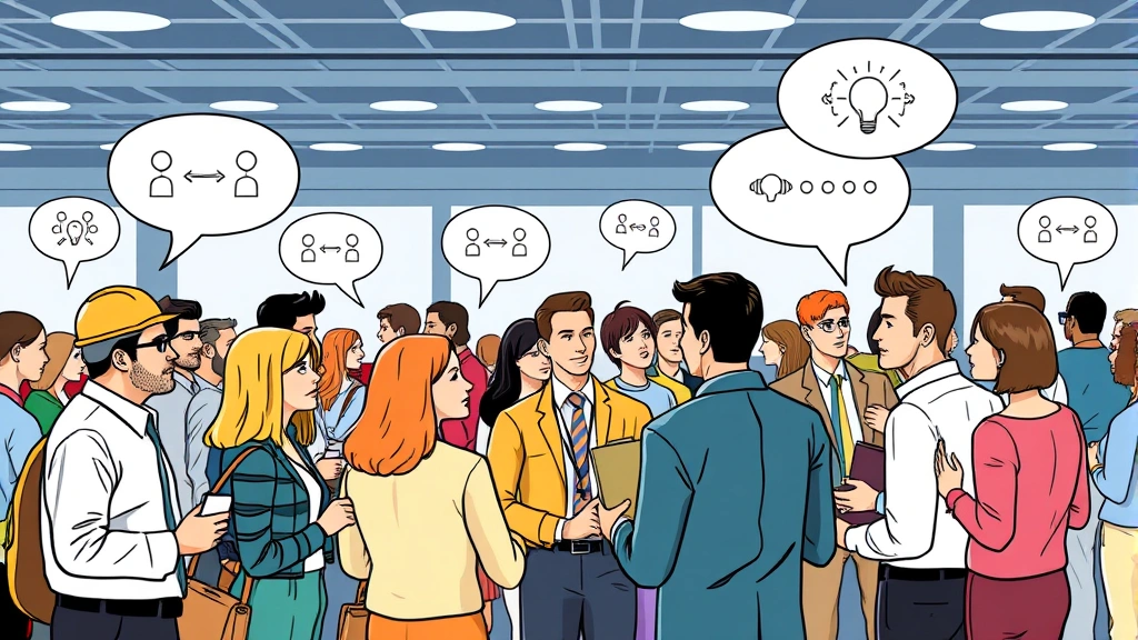 Illustrated diverse group of contractors networking at professional conference, exchanging business cards, shaking hands, speech bubbles with ideas, bright friendly atmosphere