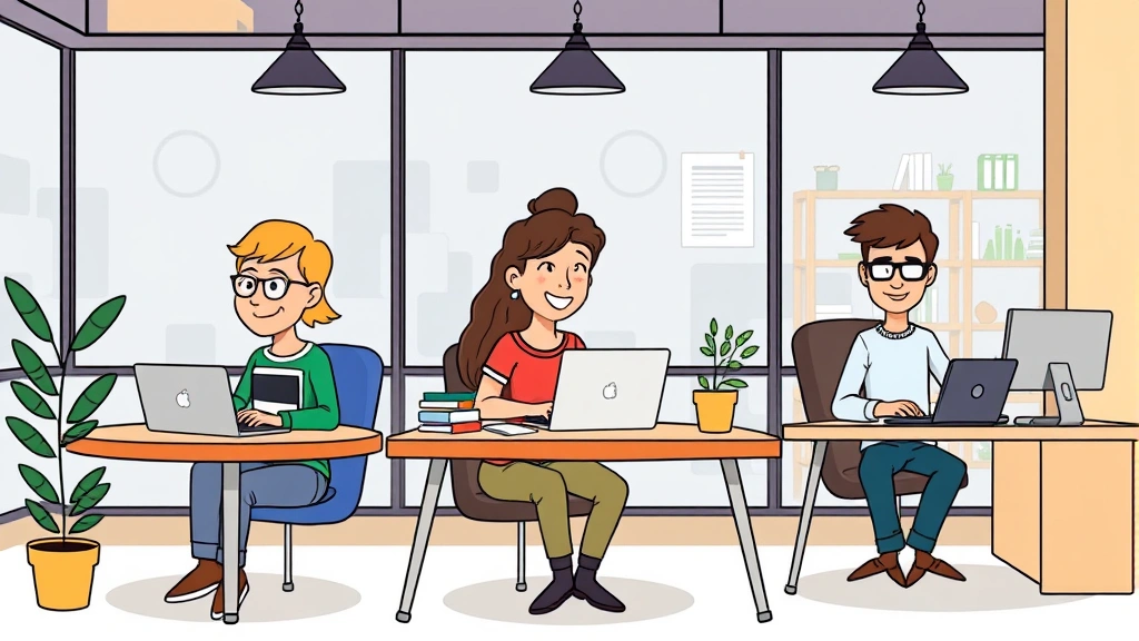 Cartoon diverse group of freelancers working on different devices—one at coffee shop, one at home desk, one in shared workspace—showing independence and flexibility of contract work