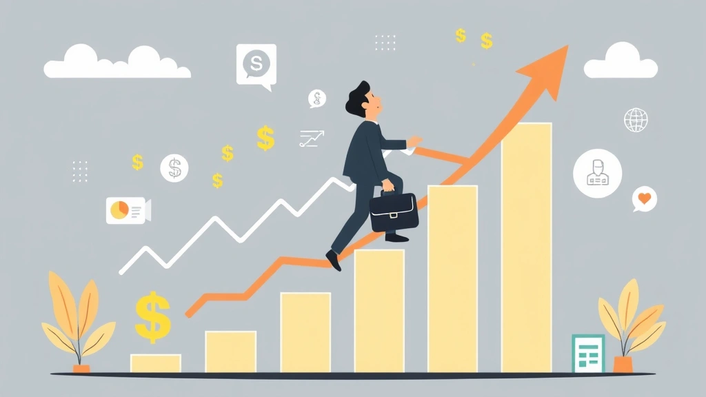 Cartoon figure climbing a growth chart with dollar signs, surrounded by upward trending graphs, skill icons, and a briefcase, representing contractor income growth and business development