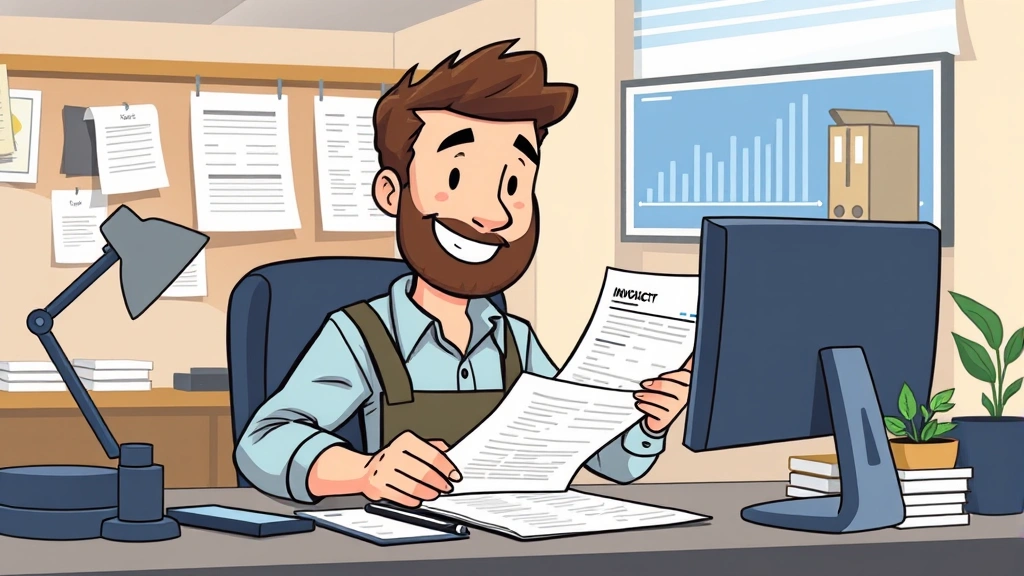 Cartoon style image of a happy contractor reviewing invoices and financial documents at desk; showing organization, productivity, and business success