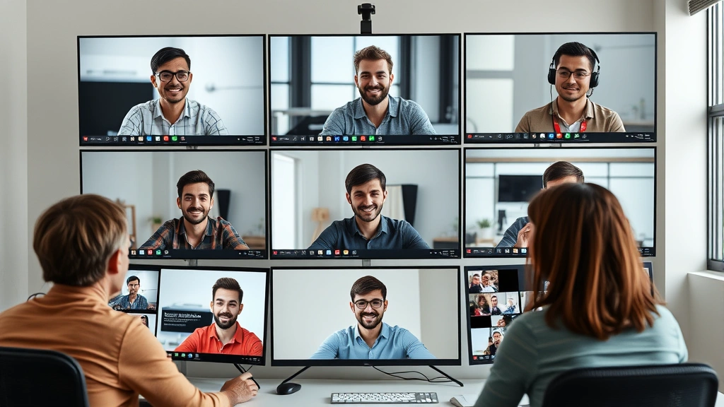 Diverse group of independent contractors collaborating virtually via video call on computer screens, showing teamwork and remote connection across different locations
