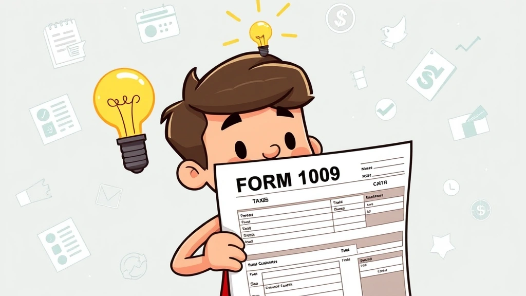 Cartoon character holding a large Form 1099 document with a lightbulb moment expression, surrounded by floating icons representing taxes, deductions, and financial planning