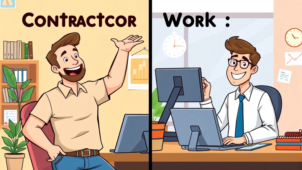 Split-screen comparison showing happy contractor with flexible schedule and relaxed posture on left, professional employee at office desk on right, both smiling, illustrating work-life differences, vibrant cartoon art