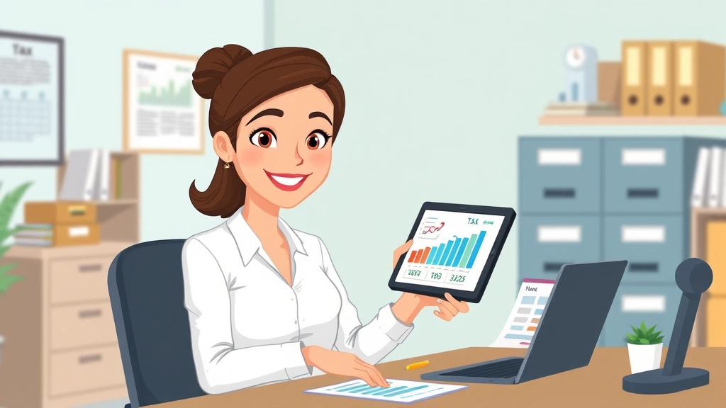 Cartoon professional woman holding tablet displaying financial charts and tax forms, sitting at modern desk with organized workspace, filing cabinets, and business records in background, smiling