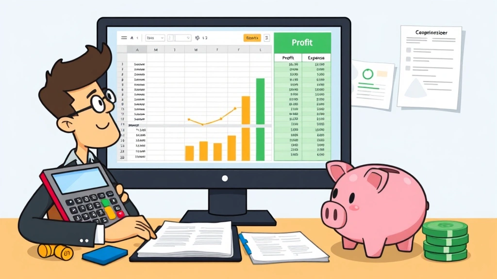 Cartoon illustration of a professional contractor managing finances, spreadsheet on screen, calculator, money stacks, tax forms, and piggy bank, showing both profit and expense tracking
