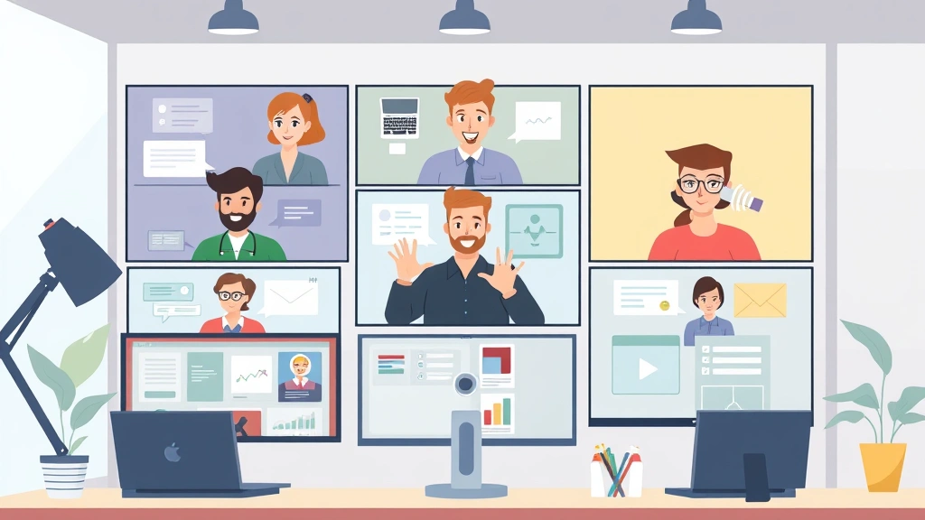 Diverse group of independent contractors collaborating online via video call, multiple screens showing different projects, modern digital workspace, cartoon illustration