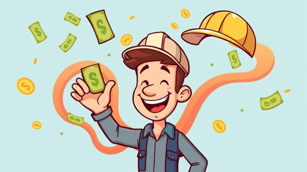 Cartoon image of a happy contractor earning money with different income streams shown as colorful paths or flows, representing diversified client base and flexible work, vibrant and optimistic style