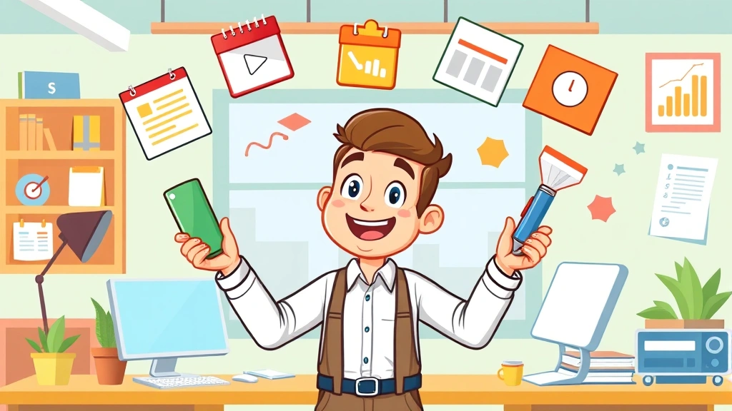 Cheerful cartoon contractor juggling multiple client projects with project management tools, calendar blocks, and invoice symbols in vibrant workspace