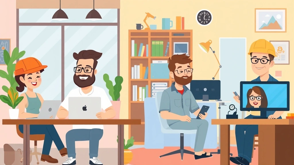 Cartoon diverse group of contractors in different settings—one at coffee shop with laptop, one working from home office, one in studio with design tools, one on video call—showing independence and remote work freedom