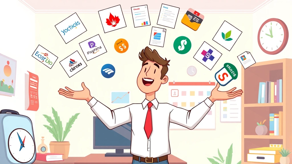 Cartoon man juggling multiple client logos and project files in the air with ease, standing in home office space, colorful background with calendar and clock, representing flexibility and diverse workload management
