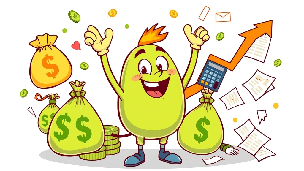 Cartoon character celebrating with money bags and upward trending graph, calculator and contract documents scattered happily, bright energetic colors