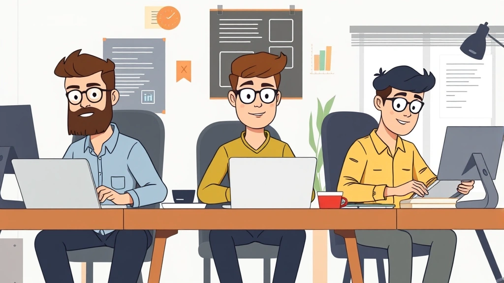 A diverse group of contractors working remotely on different projects: a designer with graphics tablet, a writer typing, a developer coding, all in separate home offices, cartoon professional style