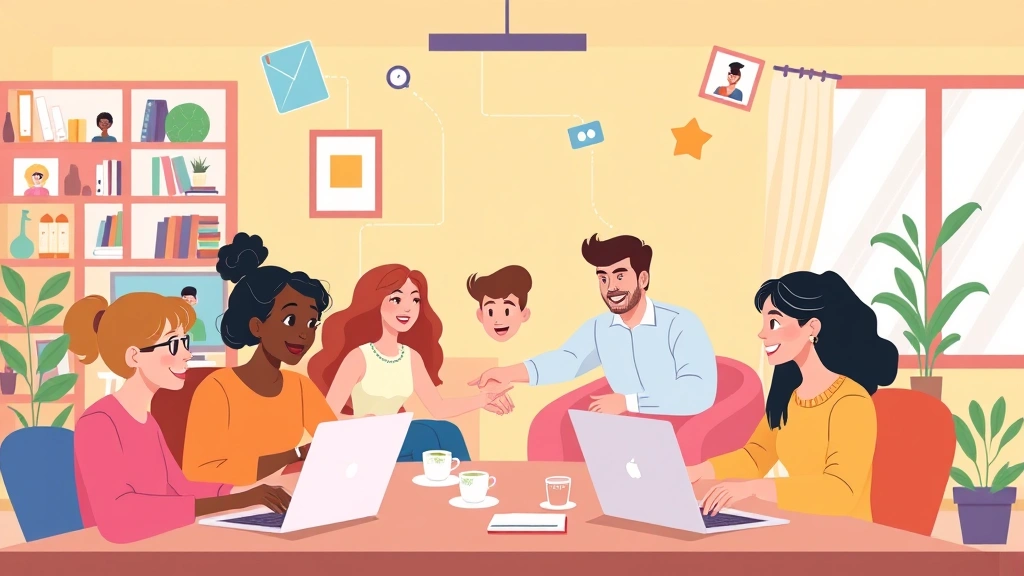 Cartoon diverse group of freelance workers collaborating remotely, laptops and video call screens visible, colorful home offices, handshake symbols floating
