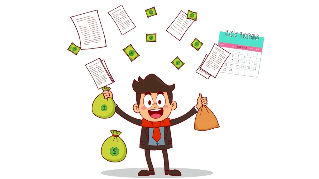 Cartoon character juggling money bags, tax forms, and calendar dates, representing quarterly tax payments and financial management responsibilities of 1099 contractors