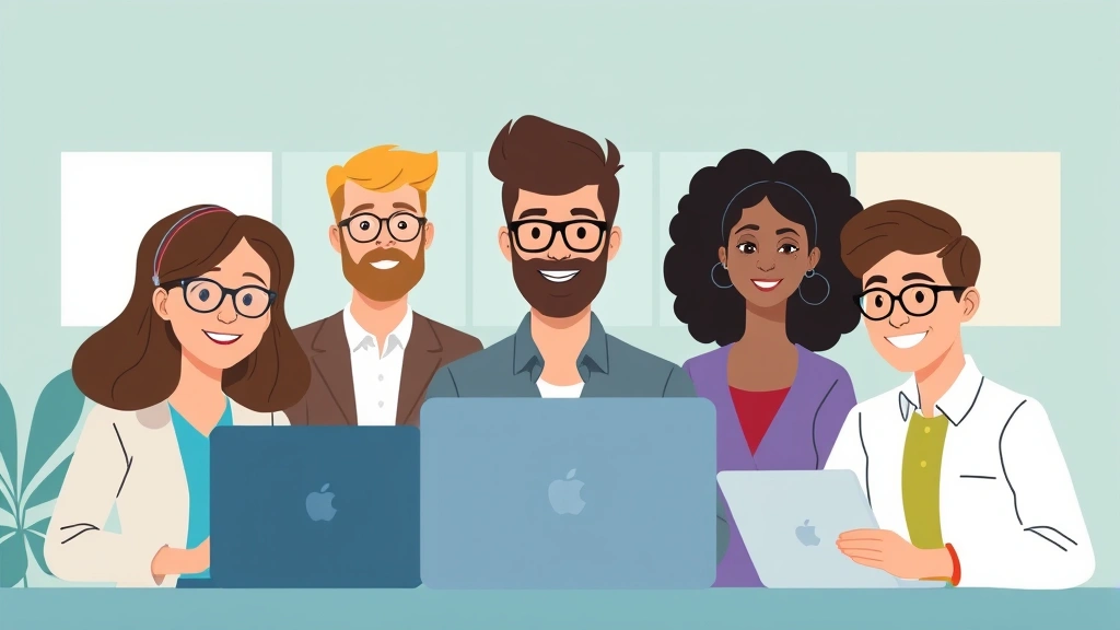Cartoon diverse group of freelancers collaborating remotely via video call, showing virtual teamwork and contract-based professional relationships