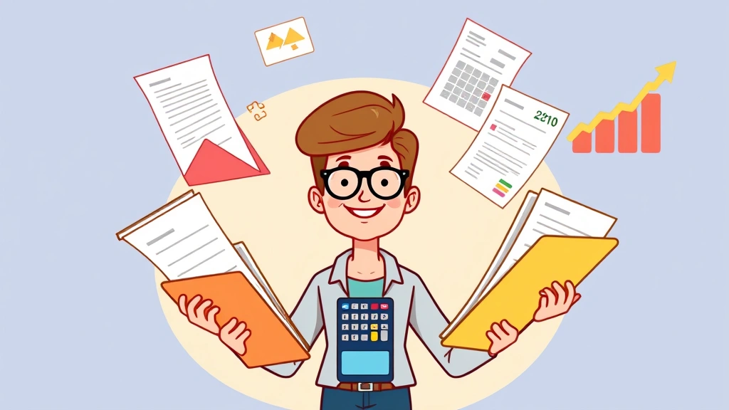 Cartoon freelancer juggling multiple client folders and invoices, with calculator, tax documents, and business growth chart visible, representing financial management and diverse client portfolio