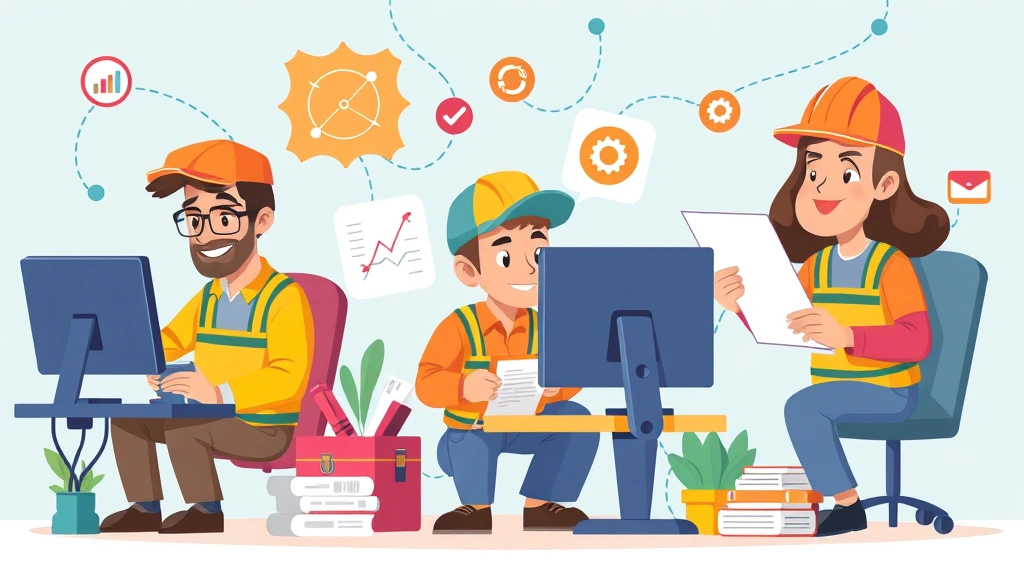Cartoon diverse contractors working on various projects - coder at computer, designer with graphics, writer with documents, all working independently but connected by network lines, vibrant and energetic