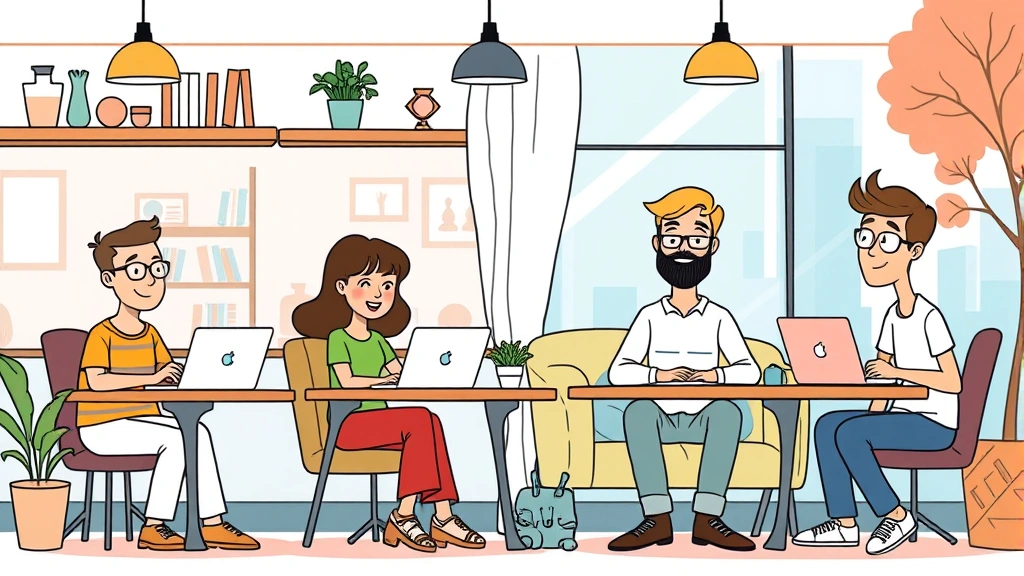 Cartoon diverse group of freelancers working remotely—one at coffee shop with laptop, one at home desk, one in coworking space, one outdoors—showing flexibility and independence of contract work