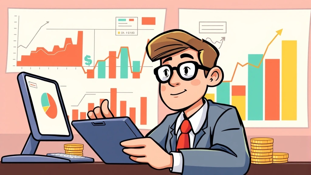 Cartoon professional analyzing charts and financial graphs with calculator and coins, warm professional colors, focused expression, no text