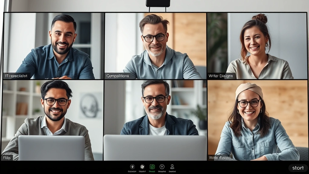 Diverse group of independent contractors in different fields collaborating virtually through video call, showing IT specialist, writer, designer, and consultant, bright and modern
