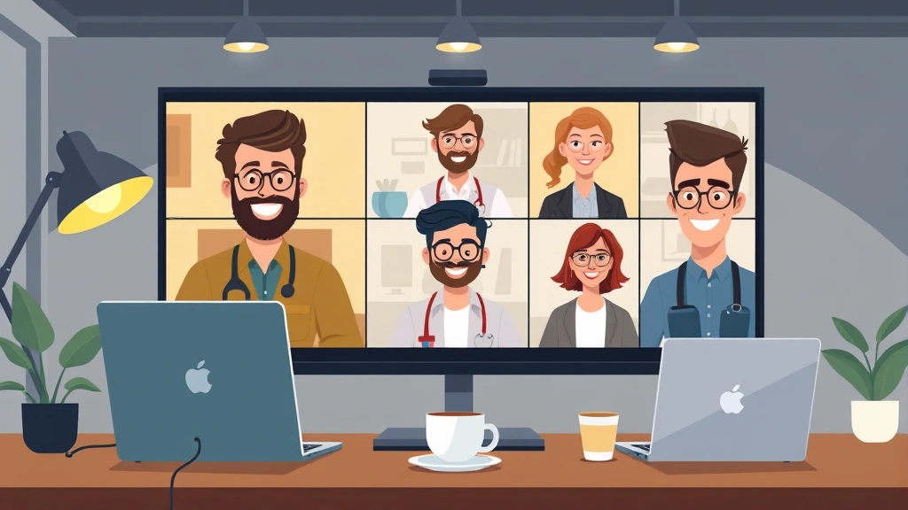 Cartoon diverse contractors collaborating remotely on video call, smiling faces on screens, laptops and coffee cups visible, modern digital workspace aesthetic