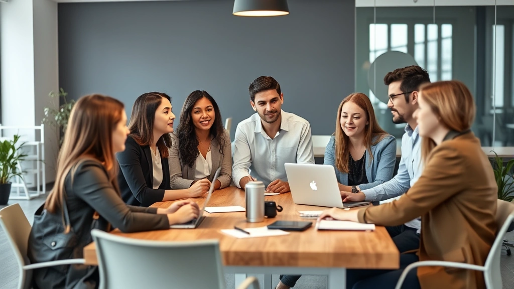 Diverse group of freelancers in casual business attire collaborating in coworking space, discussing projects and sharing ideas around a table with laptops and notebooks