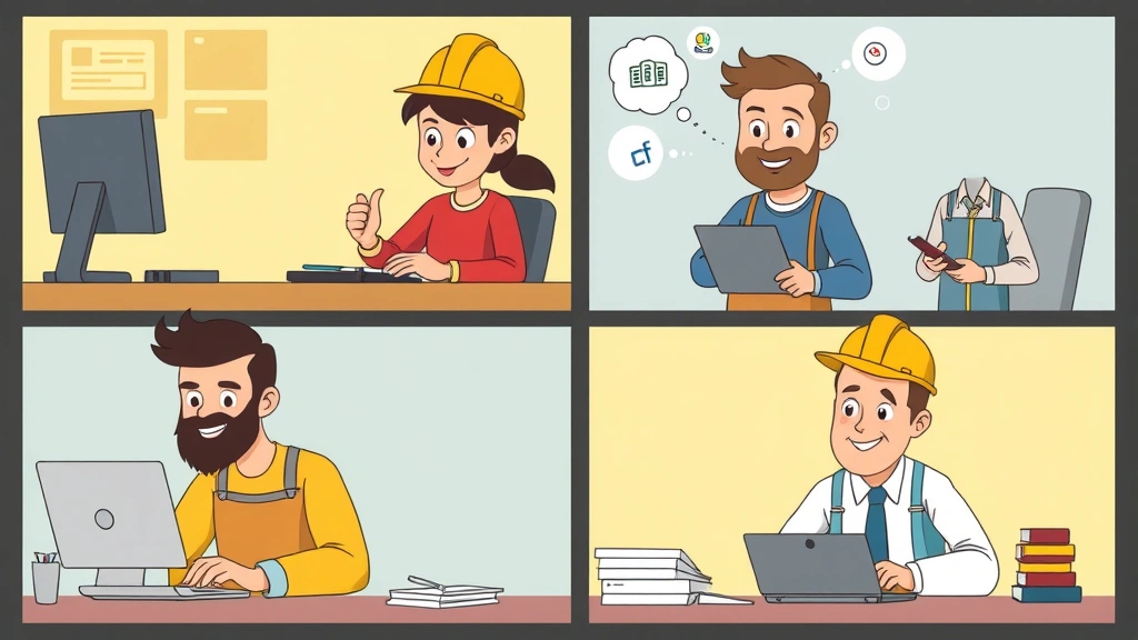 Cartoon diverse contractors in different scenarios: developer coding, designer creating graphics, consultant presenting ideas, writer typing, all working independently with satisfied expressions