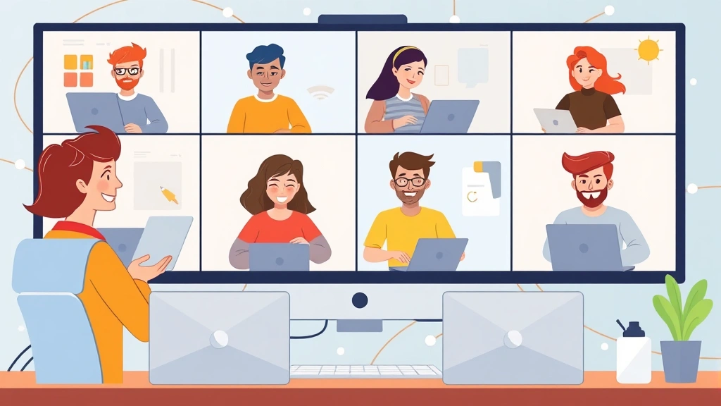 Cartoon diverse freelancers in virtual meeting on computer screens, collaborating across digital network with connected nodes and modern design elements