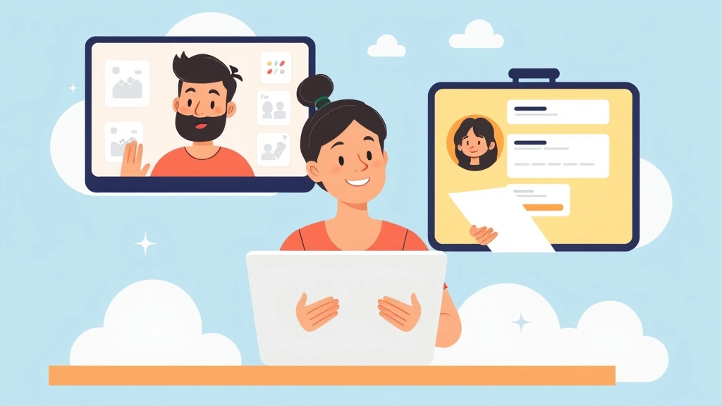 Cartoon scene showing a diverse group of freelancers collaborating virtually—one on video call, another reviewing documents, a third checking payment notifications. Digital workspace theme with cloud elements.