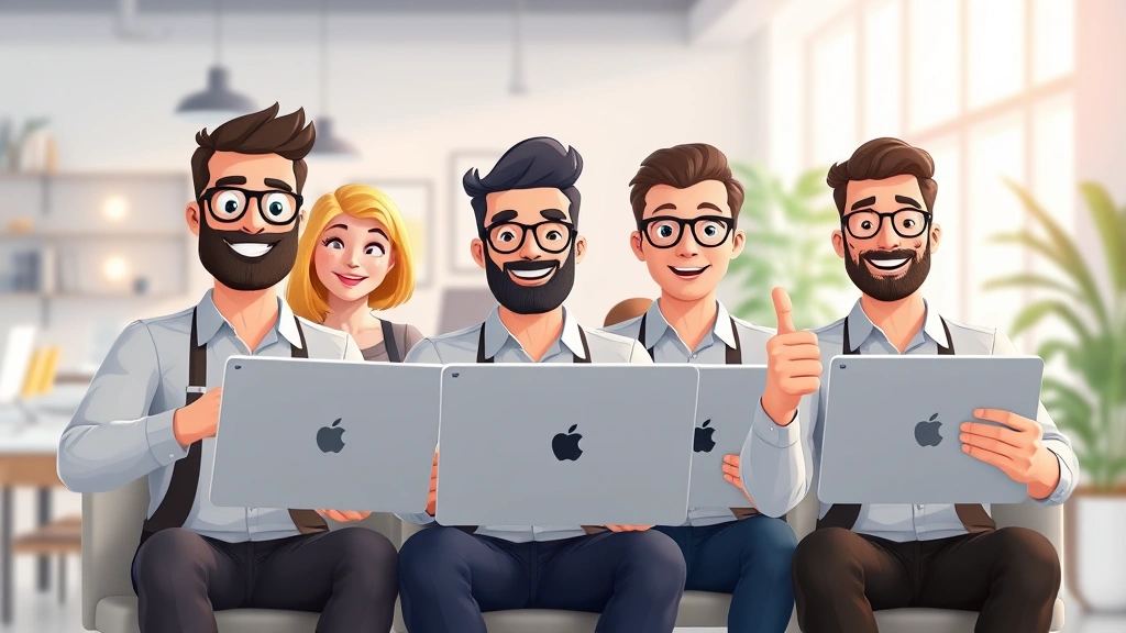 Animated diverse group of contractors collaborating remotely on video call, holding laptops and tablets with thumbs up, bright modern workspace backgrounds