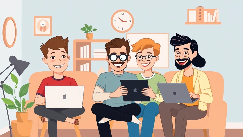 Cartoon diverse freelancers working remotely: person on laptop, designer with tablet, developer coding, consultant on video call, all smiling in home offices