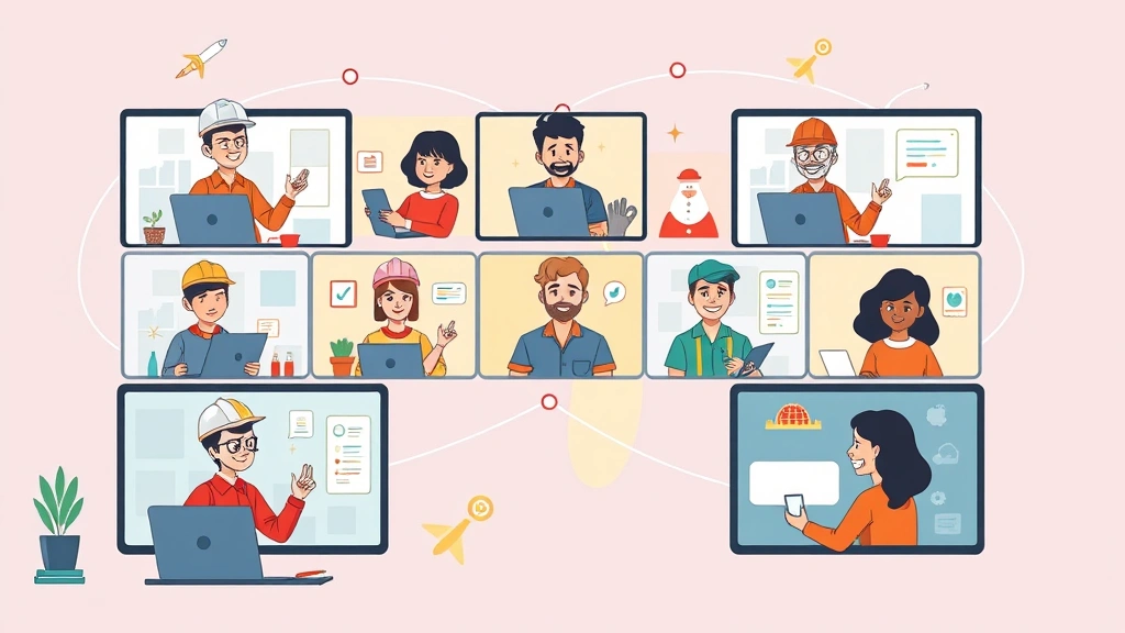 Diverse contractors collaborating virtually across screens, network connections linking them together, showing community and global opportunities, cheerful and modern cartoon aesthetic