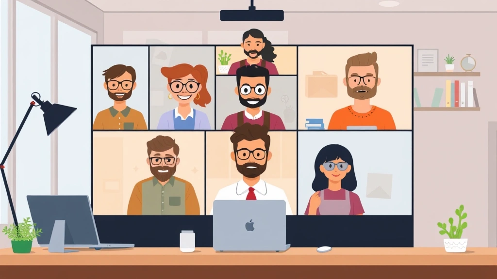 Diverse group of independent contractors collaborating online through video call, each in their own workspace, showing teamwork and remote connection, cartoon illustration