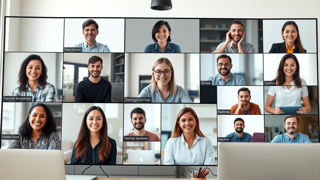 Diverse group of freelance professionals collaborating remotely on video call, smiling faces on computer screens, representing global contract work network