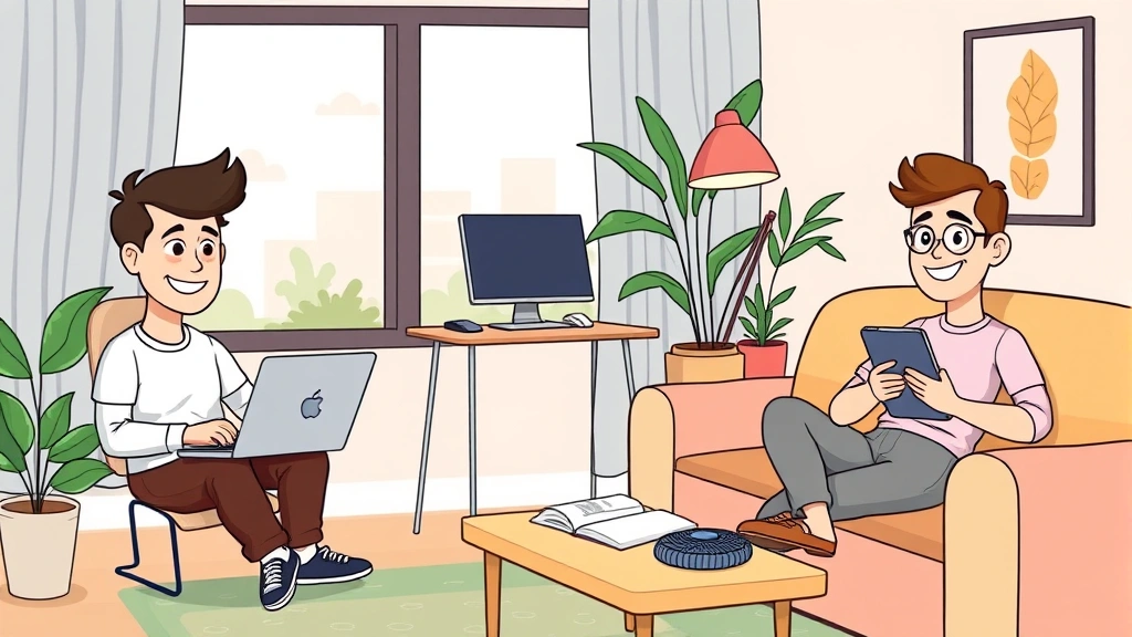 Cartoon diverse group of freelancers working remotely on different devices - one on laptop by window, one at standing desk, one with tablet on couch, all appearing productive and happy