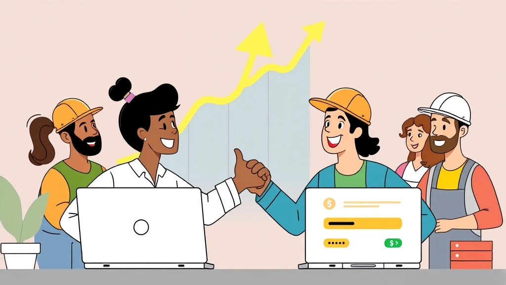 Cartoon diverse contractors celebrating success with laptops, upward trending arrow, dollar signs, handshake between client and contractor, digital payment notification