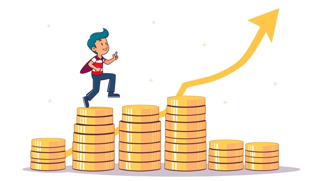 Cartoon character climbing upward on stacked coins and growth charts, representing freelance income scaling and business growth with upward arrow in background