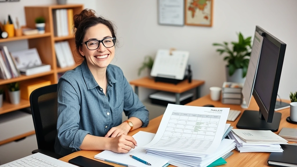 Cheerful freelancer working from home office with calendar, invoice documents, and tax forms organized on desk, representing financial management and organization