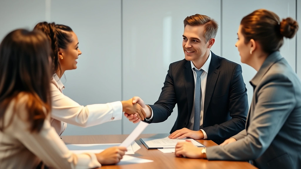Contract worker in business meeting with clients, shaking hands, reviewing documents, professional attire, structured engagement setting