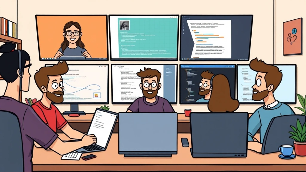 Diverse group of cartoon freelancers collaborating virtually on project, showing writing, coding, and design work on screens