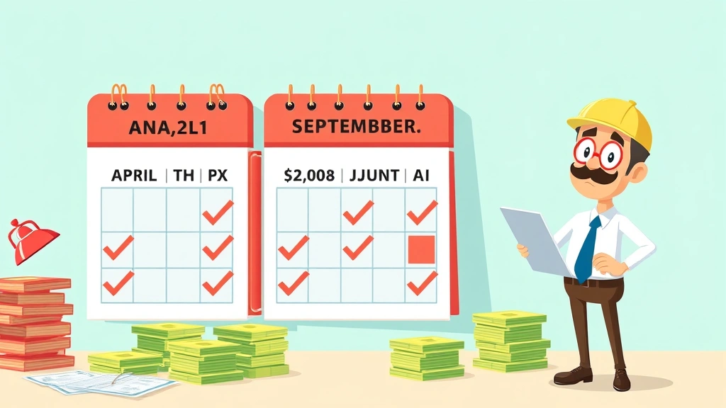 Animated calendar showing quarterly tax payment dates (April, June, September, January) with alarm bells and checkmarks, money stacks, professional contractor character reviewing schedule, bright colors
