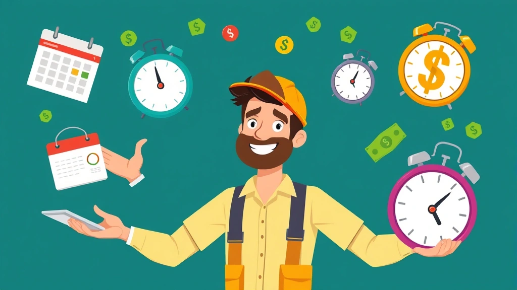 Cartoon male contractor juggling multiple project deliverables, calendar, clock, and dollar signs floating around him, showing time management and diverse income streams, bright energetic colors, determined focused expression