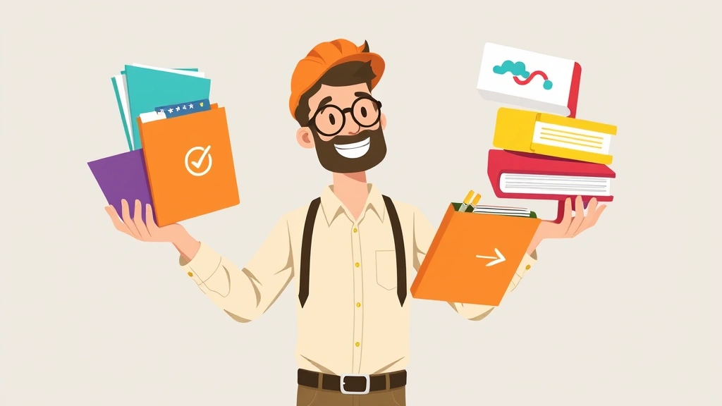Cheerful independent contractor juggling multiple colorful project folders and client logos, balanced and organized, modern illustration style