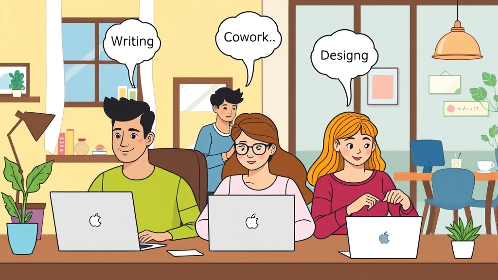 Cartoon graphic showing a diverse group of remote contractors working from different locations—home office, coffee shop, coworking space—each focused on their laptop, with thought bubbles showing different professions like writing, coding, and design