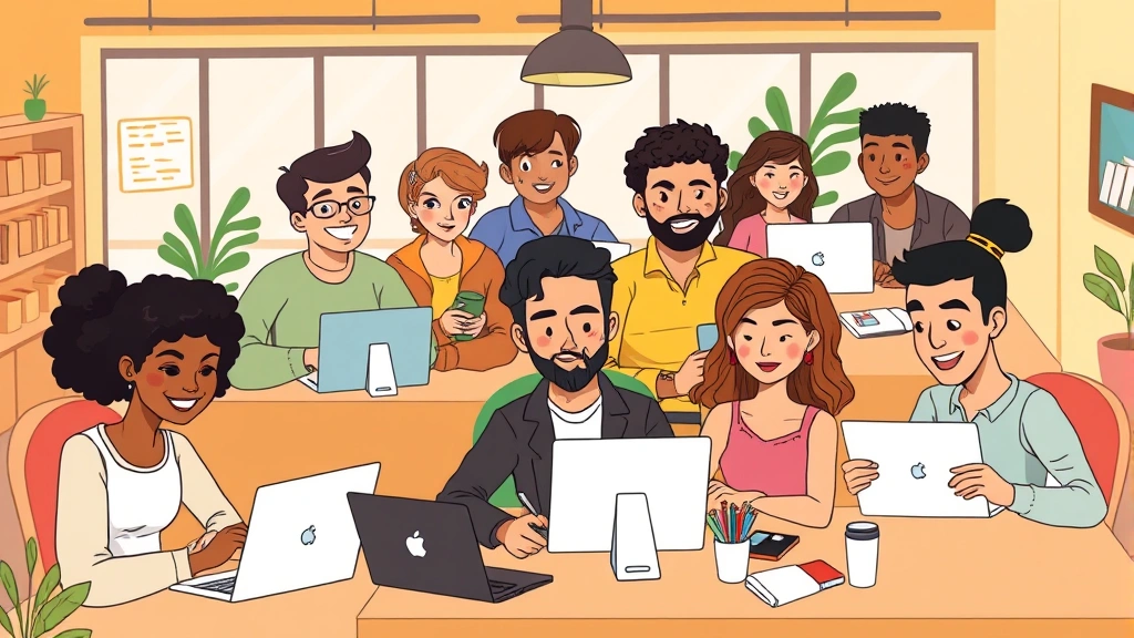 Cartoon diverse group of freelancers working remotely, some at desks, some in coffee shops, on laptops and phones, collaborative positive energy, different ethnicities and styles