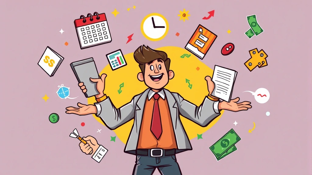 Independent contractor juggling multiple project tasks with calendar, client handshakes, and money symbols floating around. Cartoon style, dynamic composition, vibrant colors.