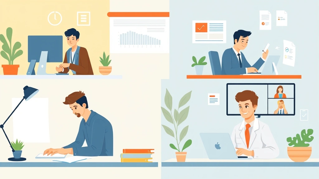 Illustrated diverse 1099 contractors working simultaneously—writer at computer, designer with tablet, data analyst with charts, consultant on video call, all in different spaces