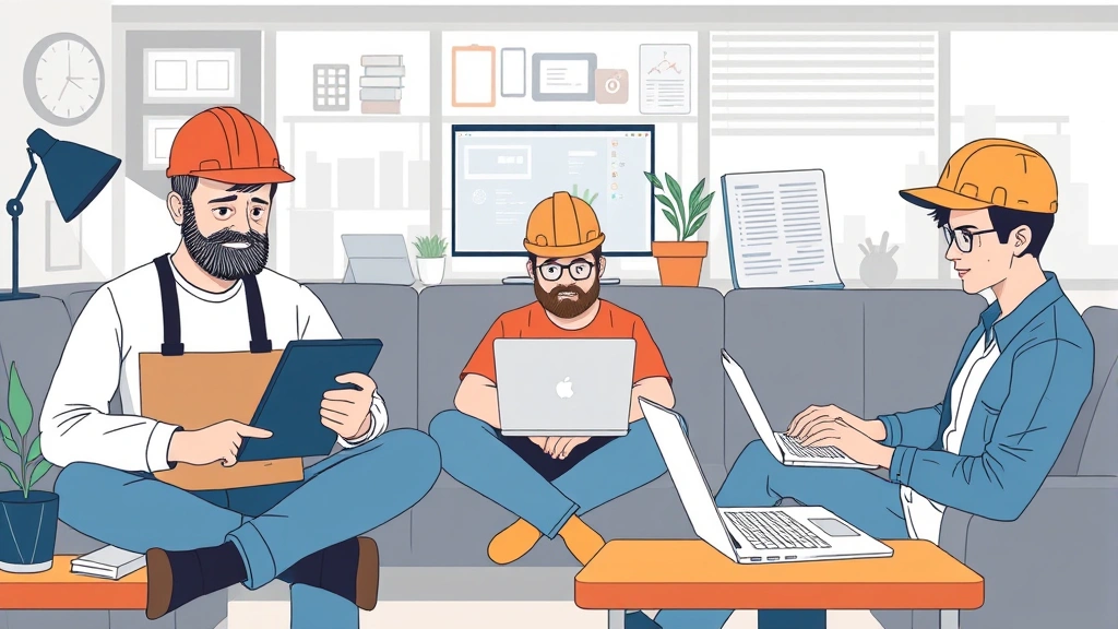 Illustration of diverse contractors working remotely—designer on tablet, developer coding, writer typing—showing flexibility and independence of 1099 work